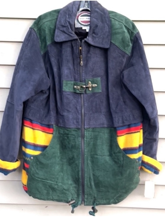 Vintage Jackets & Blazers - Vintage suede leather coat color block wins medium NOS